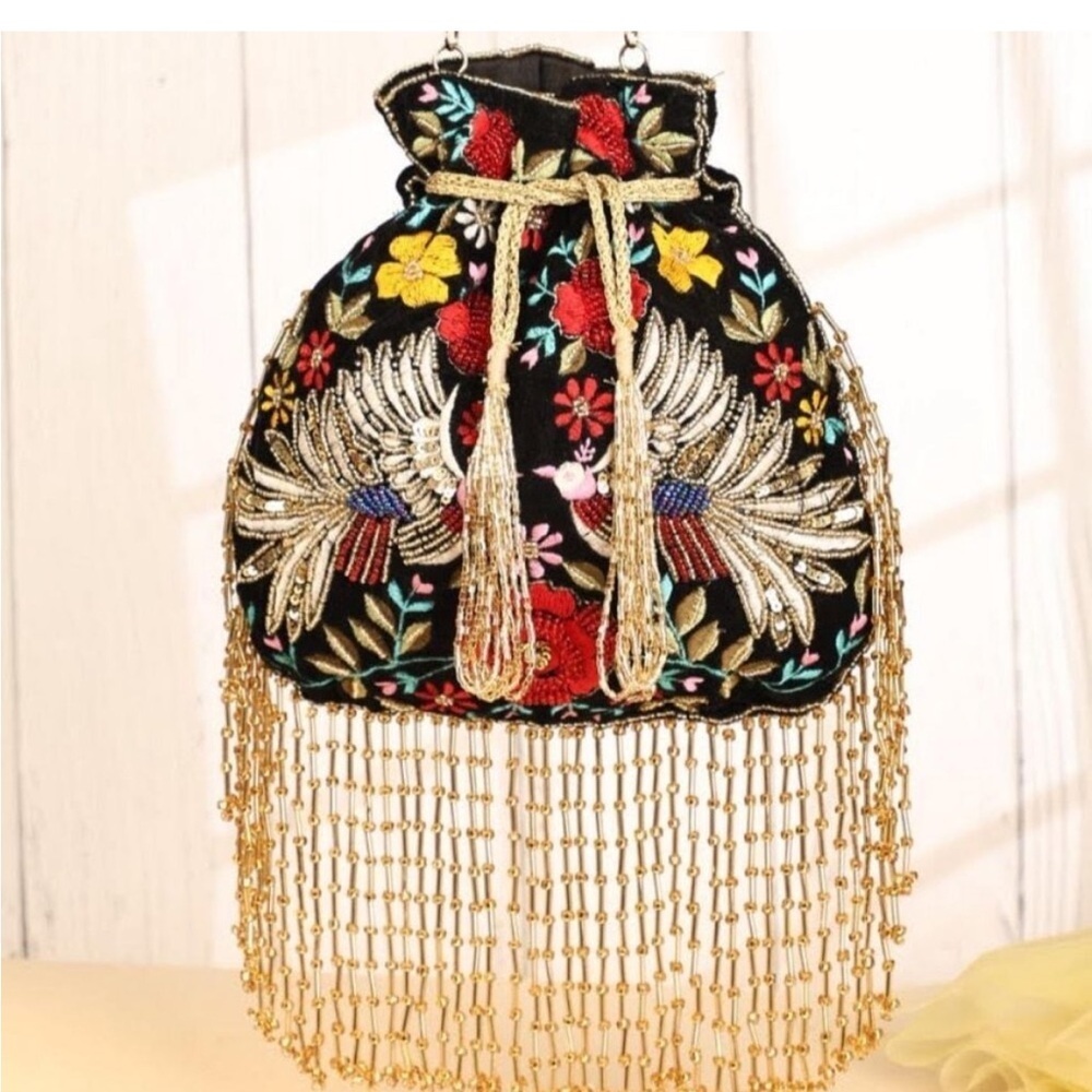 Ramla Mumbai Nwot Handmade Embroidered Pouch Bag With Beading Made In Morocco